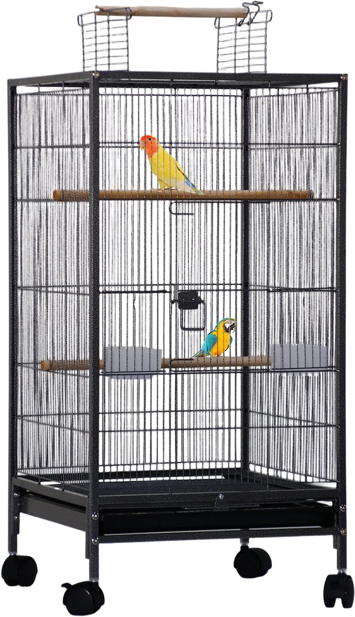 Metalen vogelkooi met 360°-wielen – vogelkooi met uitneembare bak en voederbakjes – gemakkelijk schoon te maken – voor papegaaien – 45 x 46 x 100 cm