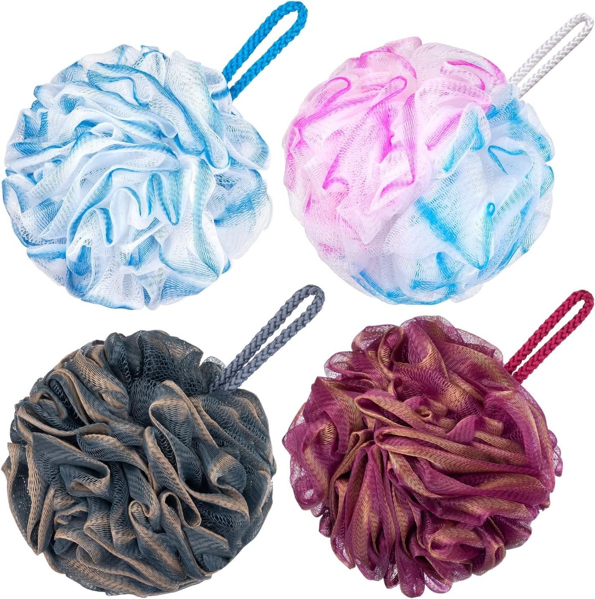 Grote Bad Loofah Set van 4, 80g Douche Spons voor Lichaamsverzorging, Exfoliërende Mesh Pouf voor Mannen en Vrouwen, Multicolor