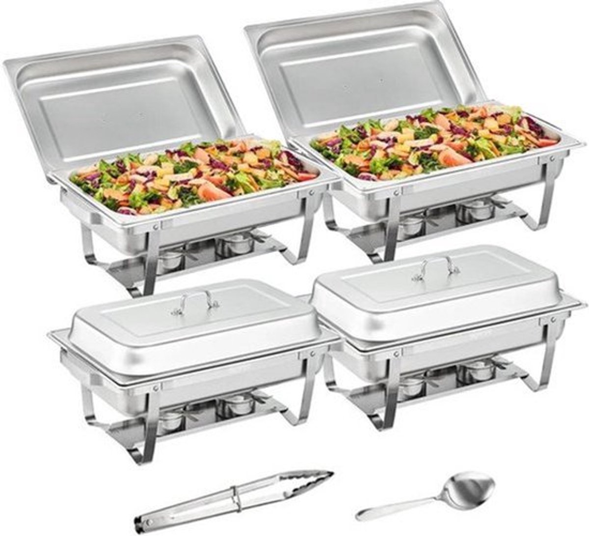 Chafing Dish - Warmhoudplaat - Buffetwarmer Set - Rechaud - Rechthoekige RVS Warmhoudschalen - 4 Stuks - 8QT - met Opvouwbaar Onderstel en Brandstofhouders - Zilver