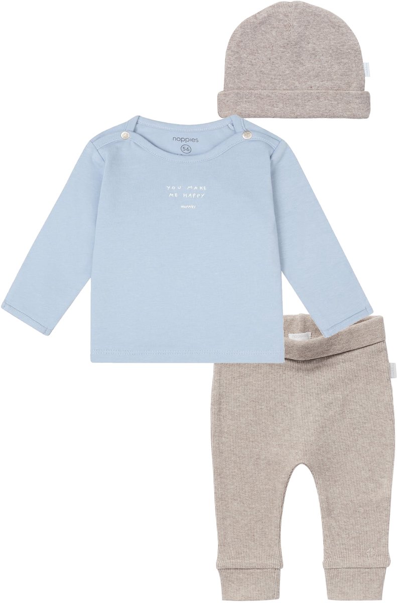 Noppies kledingset - 3delig - Broek Naura taupe - Shirt Neisse lichtblauw - Muts Nevel taupe - Maat 56
