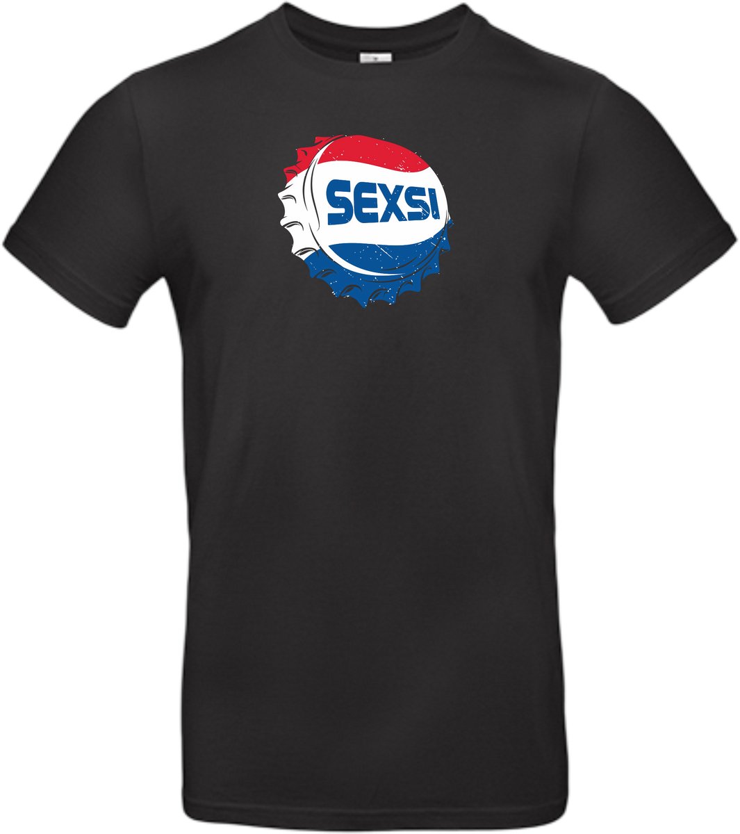 T-shirt zwart met opdruk SEXI parodie op het logo van Pepsi maat XL van Shirtmakelaar