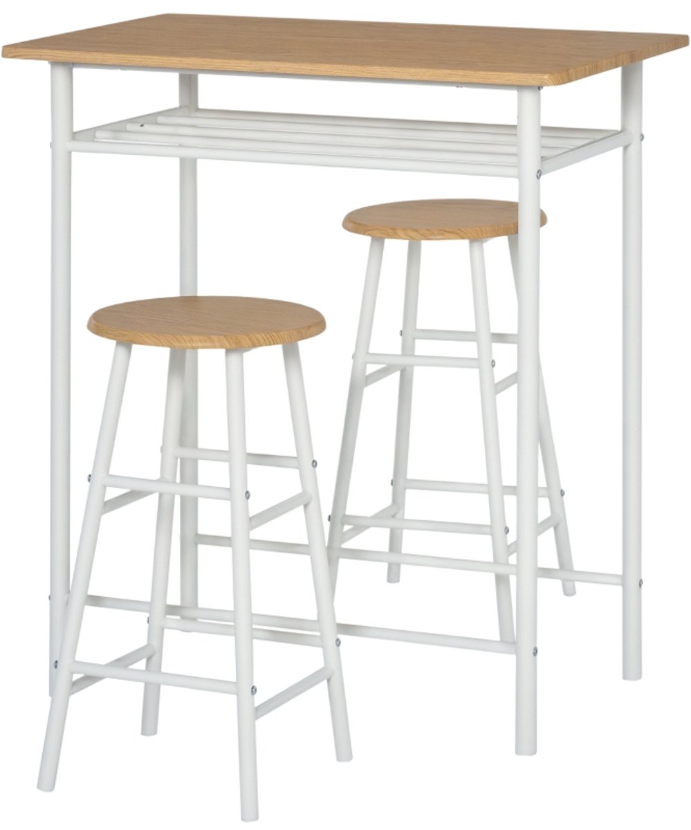 Bartafel met 2 Barkrukken Wit 80x50x90cm Opbergruimte onder Tafelblad Metaal Frame 70kg Draagkracht Geschikt voor Kleine Keuken