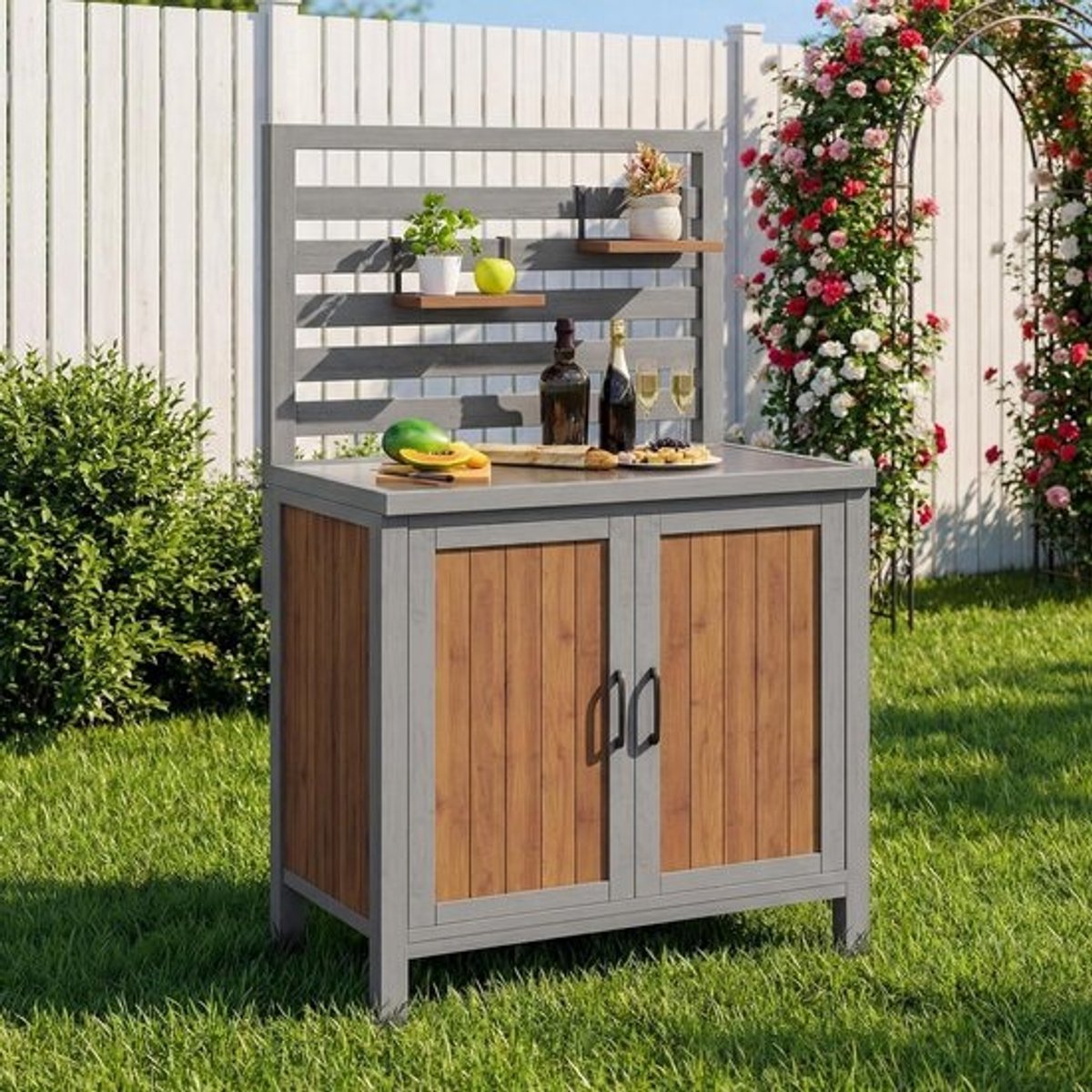 Tuinkast Hout - Gereedschapskast Outdoor - Terras Opbergen - Roestvrijstalen Werkblad - 80x54x148.5cm - Houtkleur
