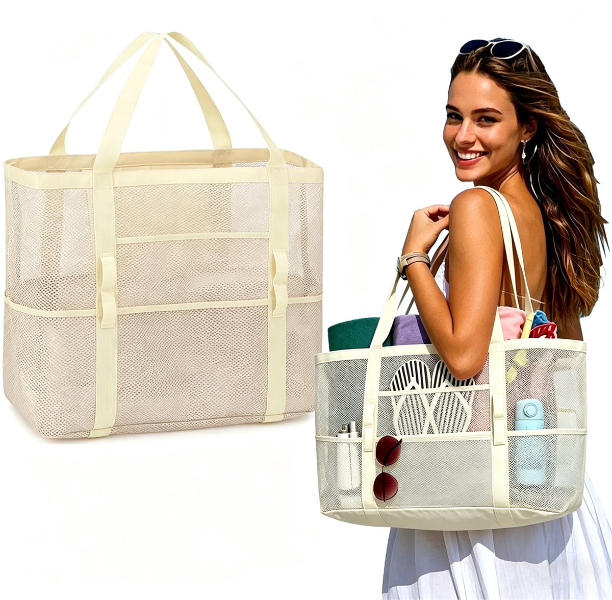 XL Strandtas voor Dames - Grote Netstrandtas met 9 Vakken - Opvouwbare Strandtas - Lichtgewicht Mesh Tas - Shopper, Boodschappentas en Reistas - Voor Strand, Zwembad, Reizen, Winkelen, Picknick en Dagelijks Gebruik