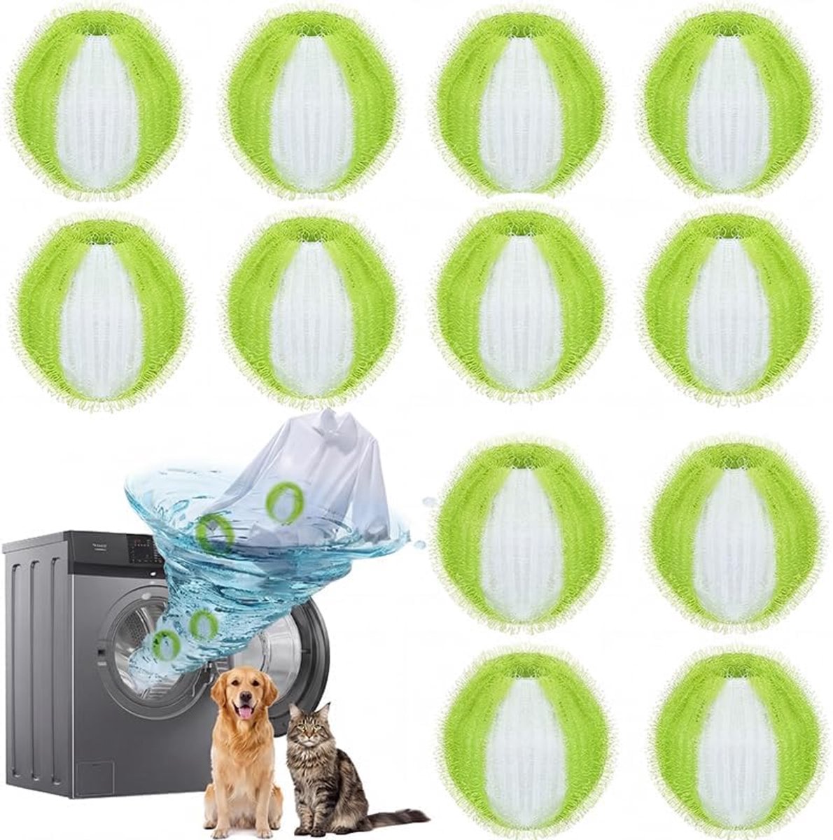 KZQ 12-delige herbruikbare pluisvangers voor wasmachine - Verwijdert huisdierharen en pluis tijdens het wassen - Compatibel met alle wasmachines - Groen