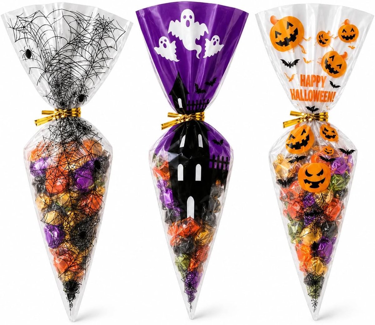 Halloween Snoepzakjes - Cadeautasjes - Driehoekige Zakjes met 3 Motieven - Spook, Pompoen, Spinnenweb - Incl. 150 Gouden Binders - 13x25 cm - 150 stuks