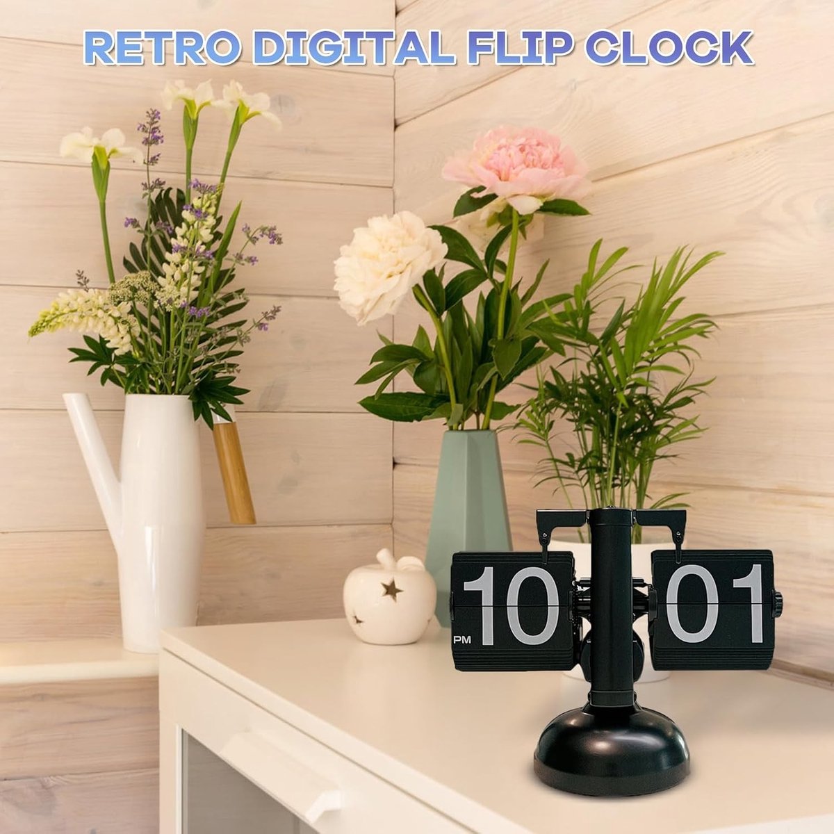 Retro Automatische Flip Desk Klok met Stille Flip Flap en Vintage Digitale Weergave, Perfecte Tafelklok voor Kantoor, Woonkamer of Slaapkamer (Zwart)