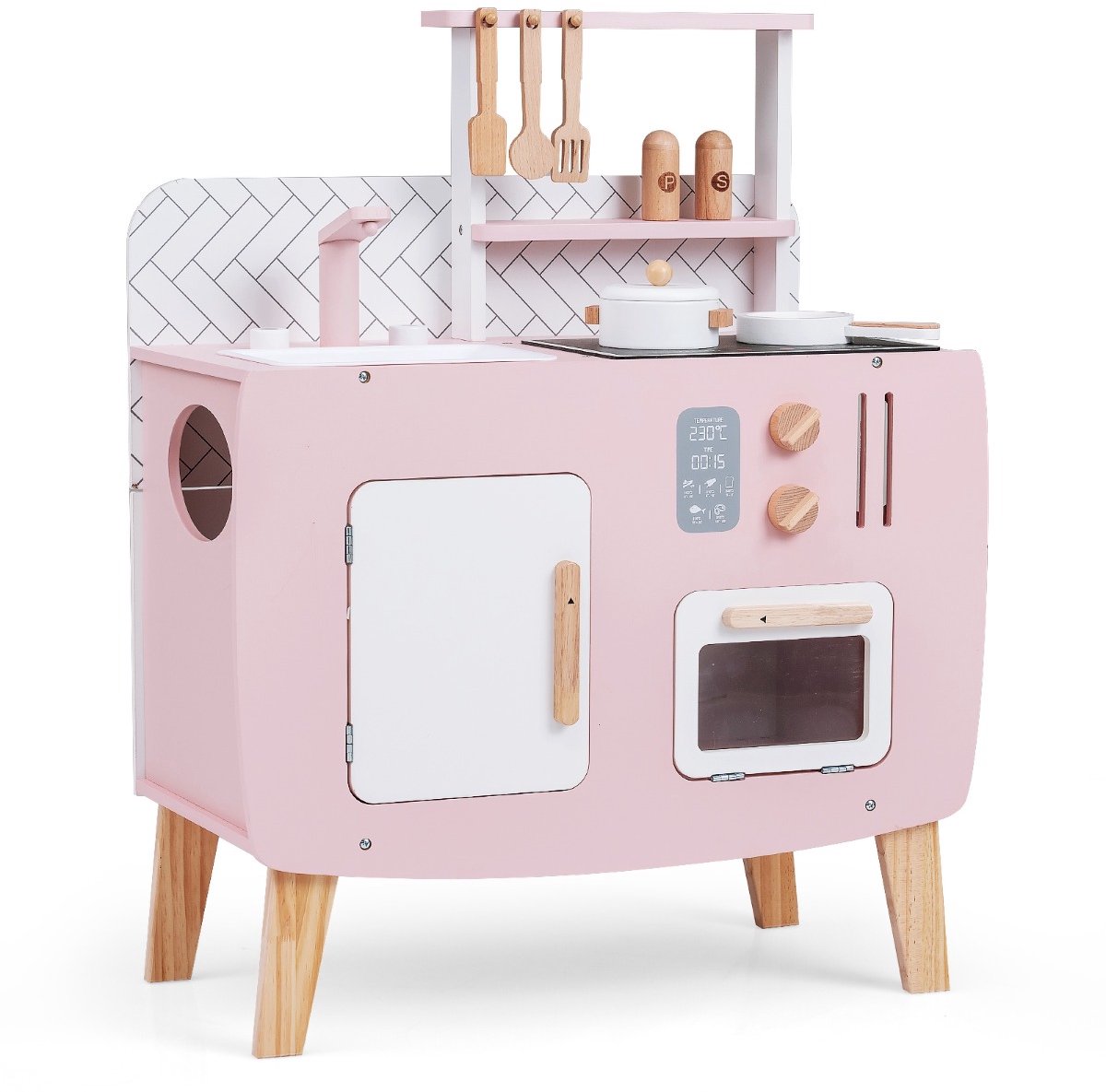 SureDeal® - Rollenspell - Houten Kinderkookset Keukenspeelset - Fornuis Spoelbak Kraan - Oven Chef koksetset - 58x29x73,5 cm - Roze en Wit