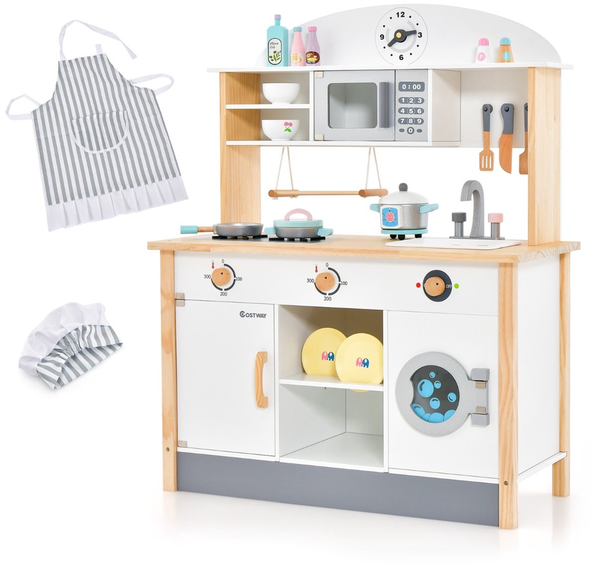SureDeal® - Rollenspell - Houten Speelkeuken - Kinderen Magnetron - Wasmachine Afdruiprek Keukengerei - Kinderen - 79x35x98 cm - Wit + Natuur