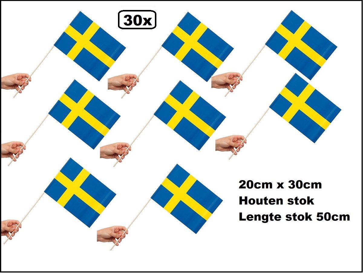 30 stuks Zwaaivlaggetjes op stok Zweden 20cm x 30cm - lengte stok 50cm - Zwaai vlaggetjes thema feest voetbal festival uitdeel