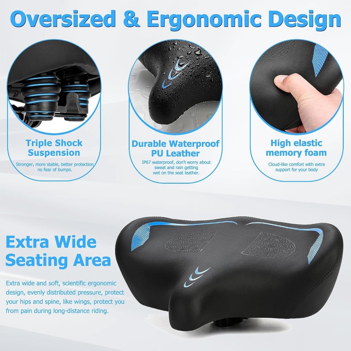 Comfortabele Extra Brede Fietszadel voor Mannen en Vrouwen - Ergonomisch en Zacht Gevoerd Zadel voor Mountainbike, Stadsfiets, E-Bike en Sportfiets