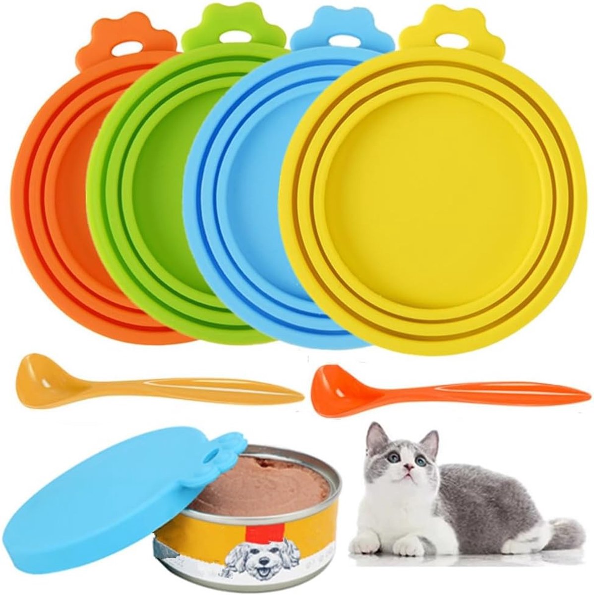 Set van 4 siliconen deksels voor levensmiddelen en diervoeding, universele deksels met lepel en 3-in-1 maat voor blikjes en voerbakken