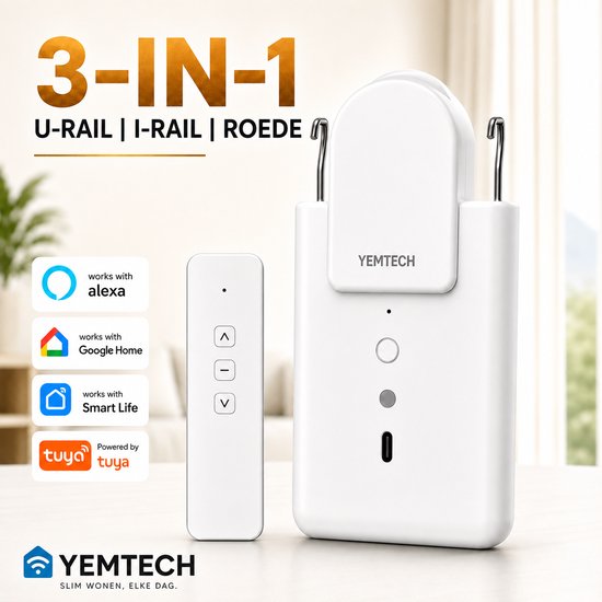 Yemtech® Slimme Gordijnmotor 3-in-1 Bluetooth - Gordijnrobot met Afstandsbediening - Voor U-rail, I-rail en Roede - Wit