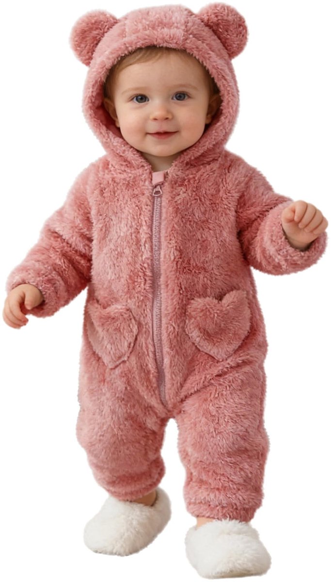 Baby romper - Winter fleece jumpsuit met capuchon - Roze