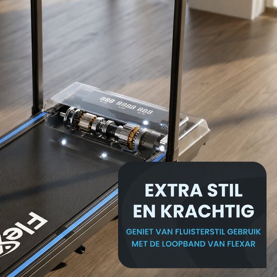 Detail van de motor van een zwarte loopband met een transparante kap, extra stil en krachtig.