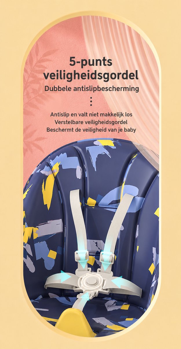 Kinderstoel Baby Inklapbaar & Verstelbaar - Hoge Kinderstoel met Dubbel Afneembaar Dienblad, 5-Punts Veiligheidsgordel, Wielen met Rem, Opbergtas & Verstelbare Rugleuning - Blauw/Geel — afbeelding 4