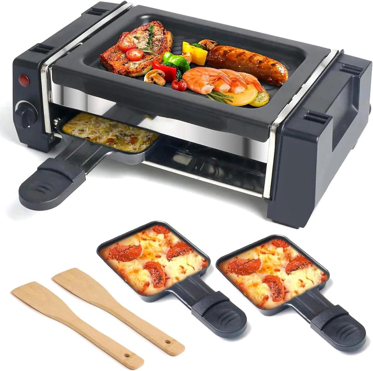 Elektrische Raclette Grill Tafelgrill Bakplaat Gezellig Tafelen Instelbare Temperatuur Compact Formaat Zwart