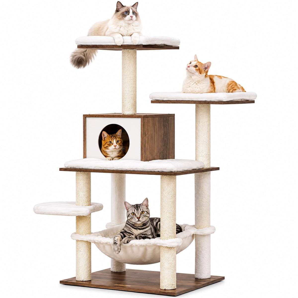 NordPaw® Luxe Krabpaal met Kattenhuis & Hangmat – 138 cm – Meerdere Ligplaatsen – Sisal Krabpalen – Kattenboom voor Grote Katten & Meerdere Katten – Wit/Houtlook