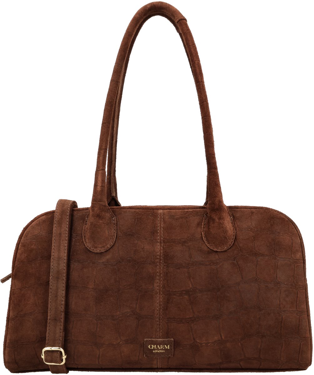 Charm London Ca√Øro Schoudertas - Echt Suède - Crocoprint - Verstelbare Schouderband - Dames Tas - Telefoonvak - Shopper - Crossbody - Leren Dames Tas - Bruin