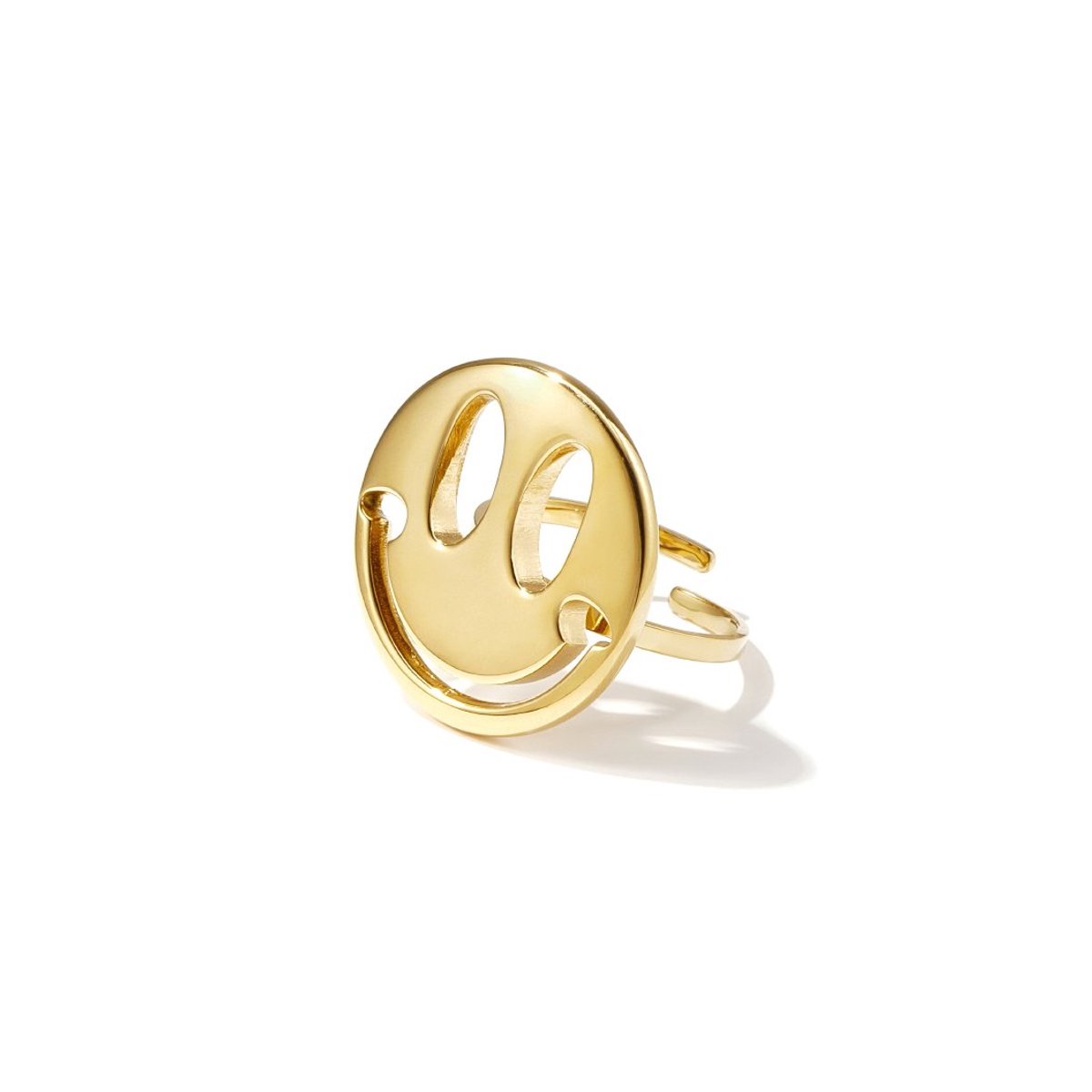 Statement Smiley Ring - Kleurvast Stainless Steel - Goudkleurige Dames Ring - Past altijd