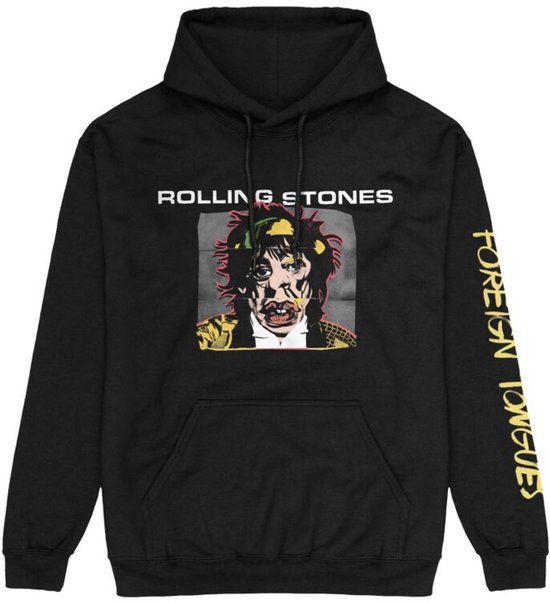 Zwarte hoodie met op de voorkant het Rolling Stones logo en een afbeelding van Mick Jagger. Op de mouw staat 'Foreign Tongues'.