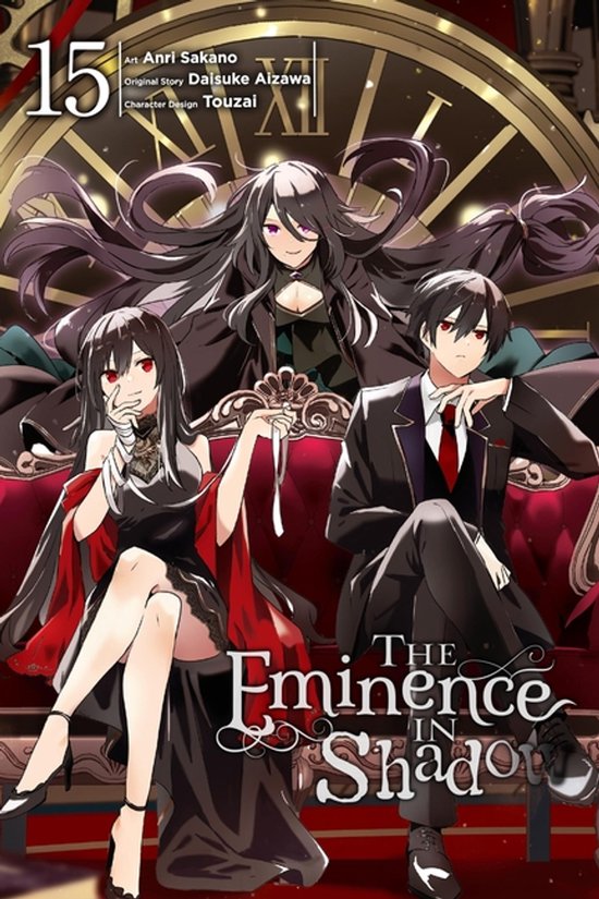 Cover van 'The Eminence in Shadow', deel 15, met drie anime-personages op een chaise longue.