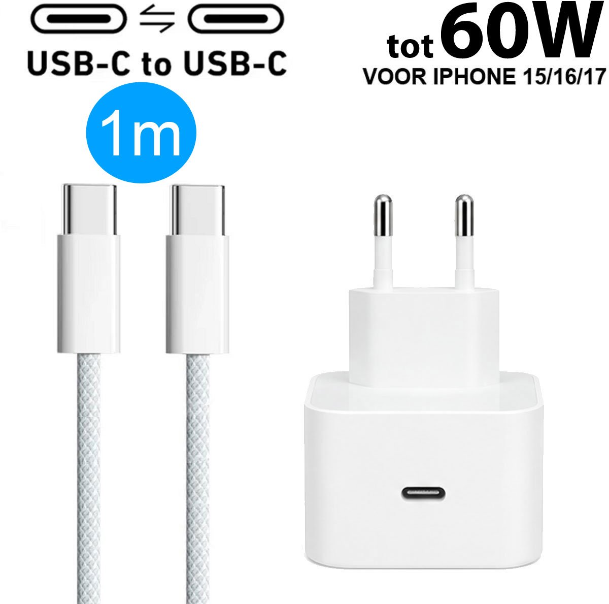 Apple iPhone 60W USB-C Super Snellader PD + USB-C Kabel – Snellader geschikt voor iPhone 17 / 16 / 15 (Pro / Pro Max / Plus) – Power Delivery Adapter