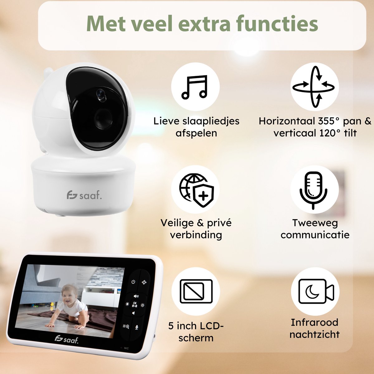 Saaf Babyfoon met Camera 5 Inch Scherm en Houder - afbeelding 2