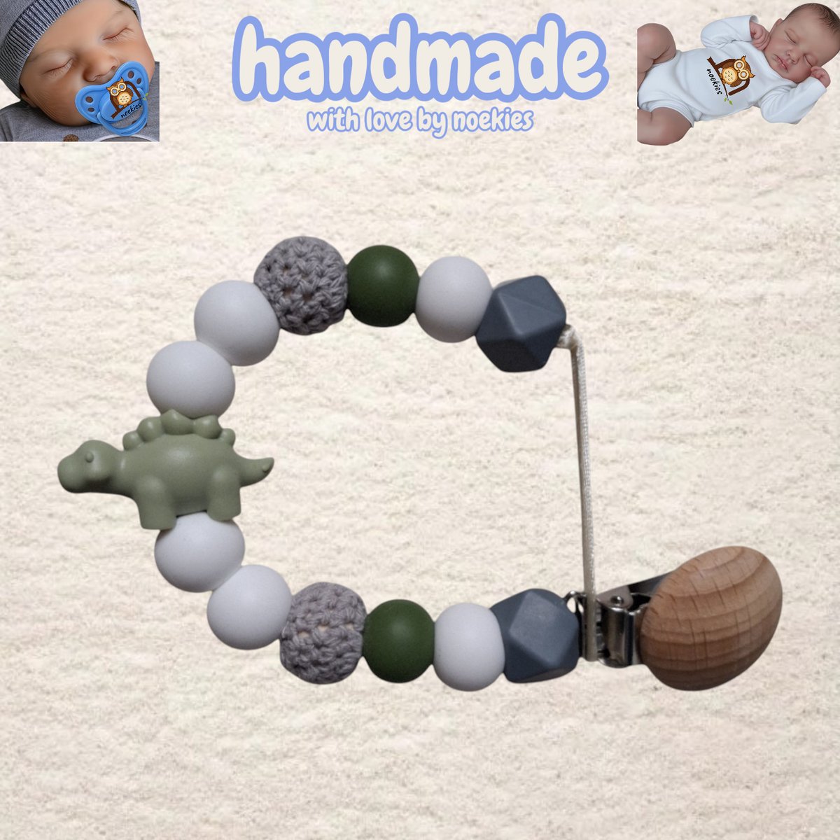 noekies Speenkoord dino khaki grijs wit Kraamcadeau - Speenketting - Babycadeau - Babyshower nr 28