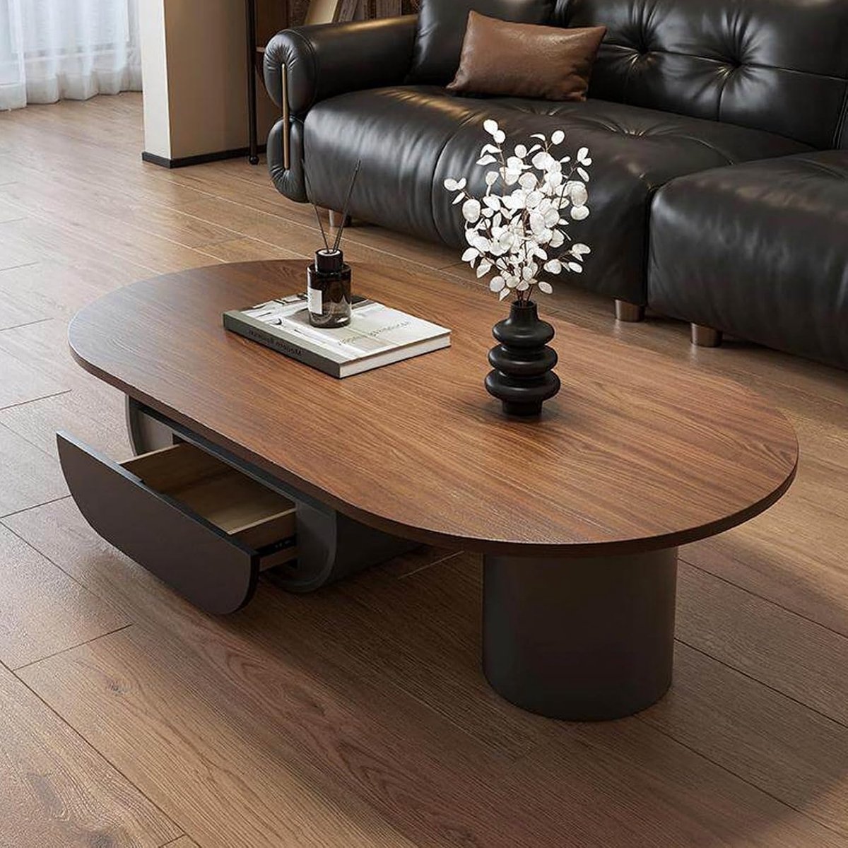 Salontafel Ovaal met Opbergruimte 130 cm Walnoothout Look Zwart – Moderne Houten Koffietafel met Lade en 3 Opbergvakken voor Woonkamer, Kantoor en Lounge – Mobili Bella