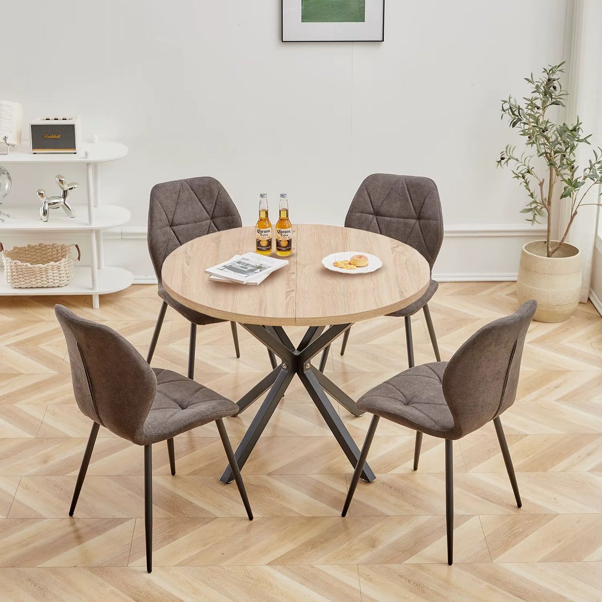 CreateEcom Eettafel met stoelen - keukentafel - eetkamertafel - ronde eettafel 100 cm in Scandinavische Stijl met 4 Comfortabele Eetkamerstoelen in het bruin
