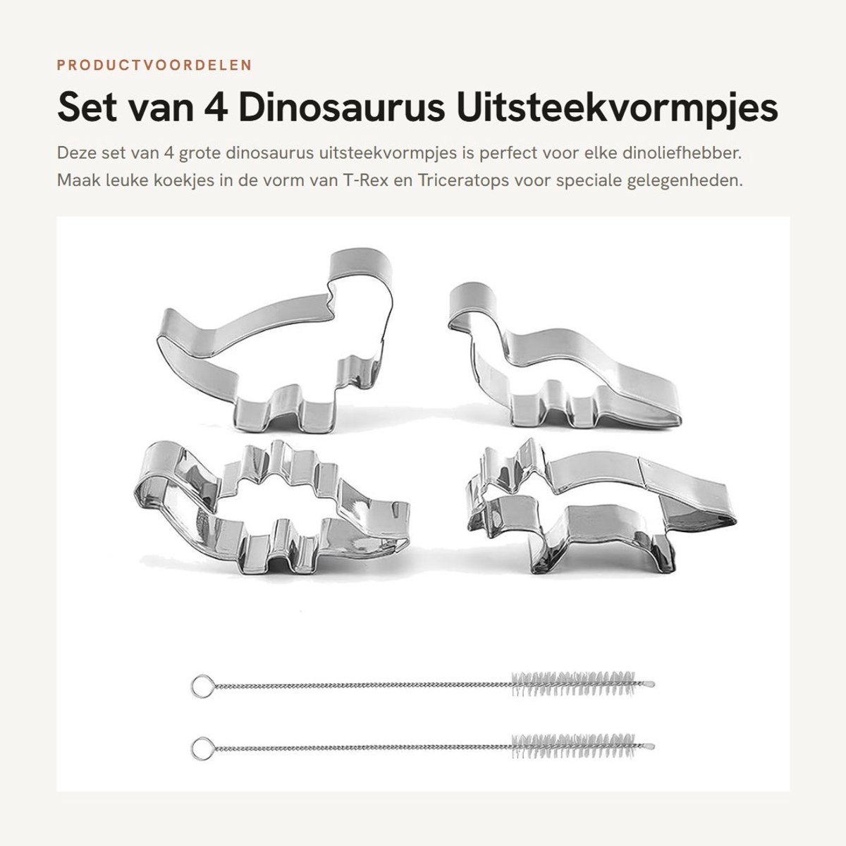 Dailygoods- Uitsteekvormpjes Dinosaurus - Set van 4 - Roestvrij Staal - Duurzaam - Vaatwasmachinebestendig - Veilig voor Kinderen - Koekjesvormpjes