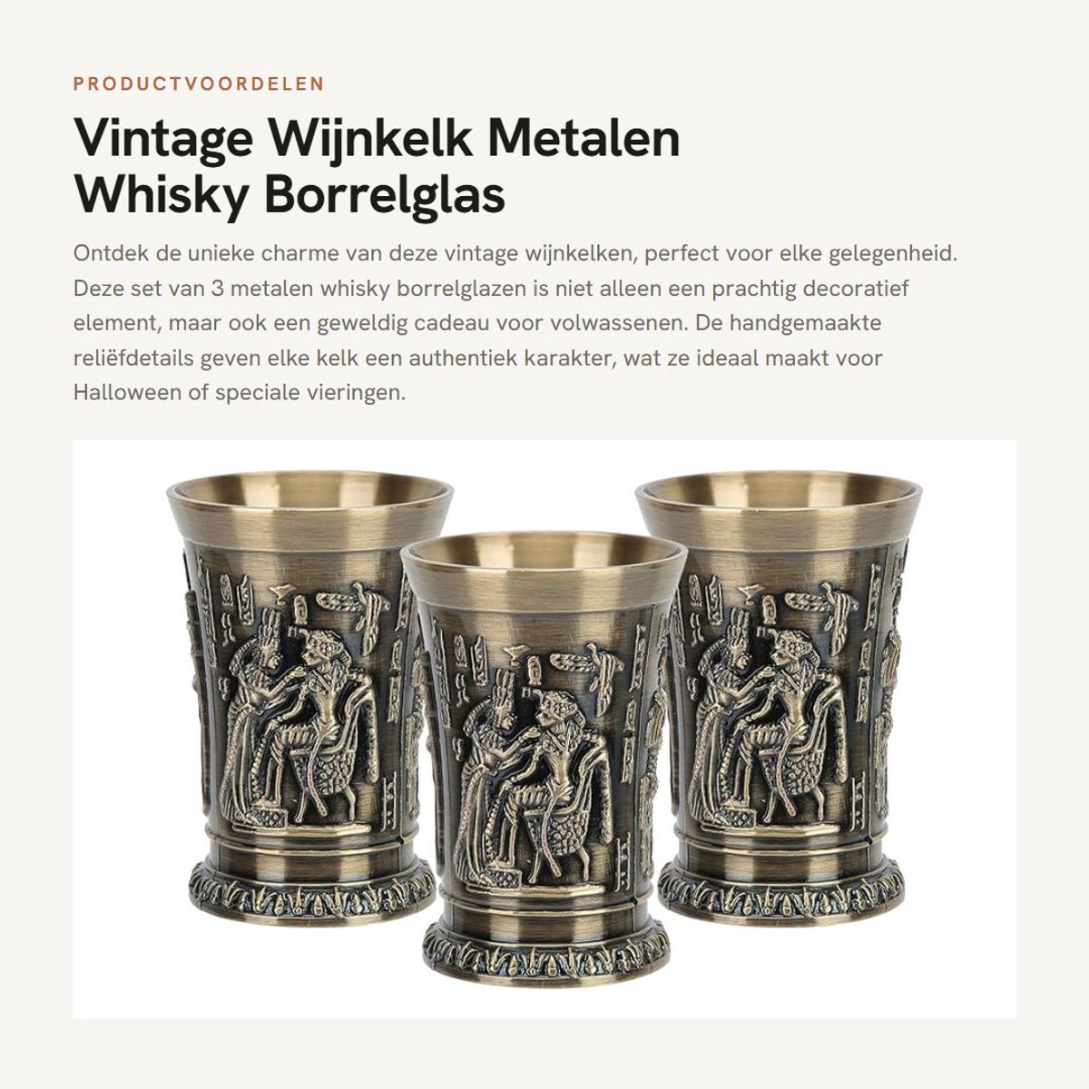 Dailygoods- Wijnkelk Vintage - Metalen Cup - Hand Reliëf - Set van 3 - Hoogwaardige Zinklegering - Retro Design - Borrelglas
