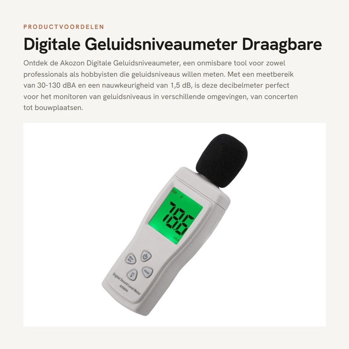 Dailygoods- Geluidsniveaumeter draagbaar - Decibelmeter 30-130 dBA - Groot LCD-display - Nauwkeurigheid 1,5 dB - Frequentiebereik 31,5 Hz tot 8,5 kHz - Gewicht 111 g - Ruismeter