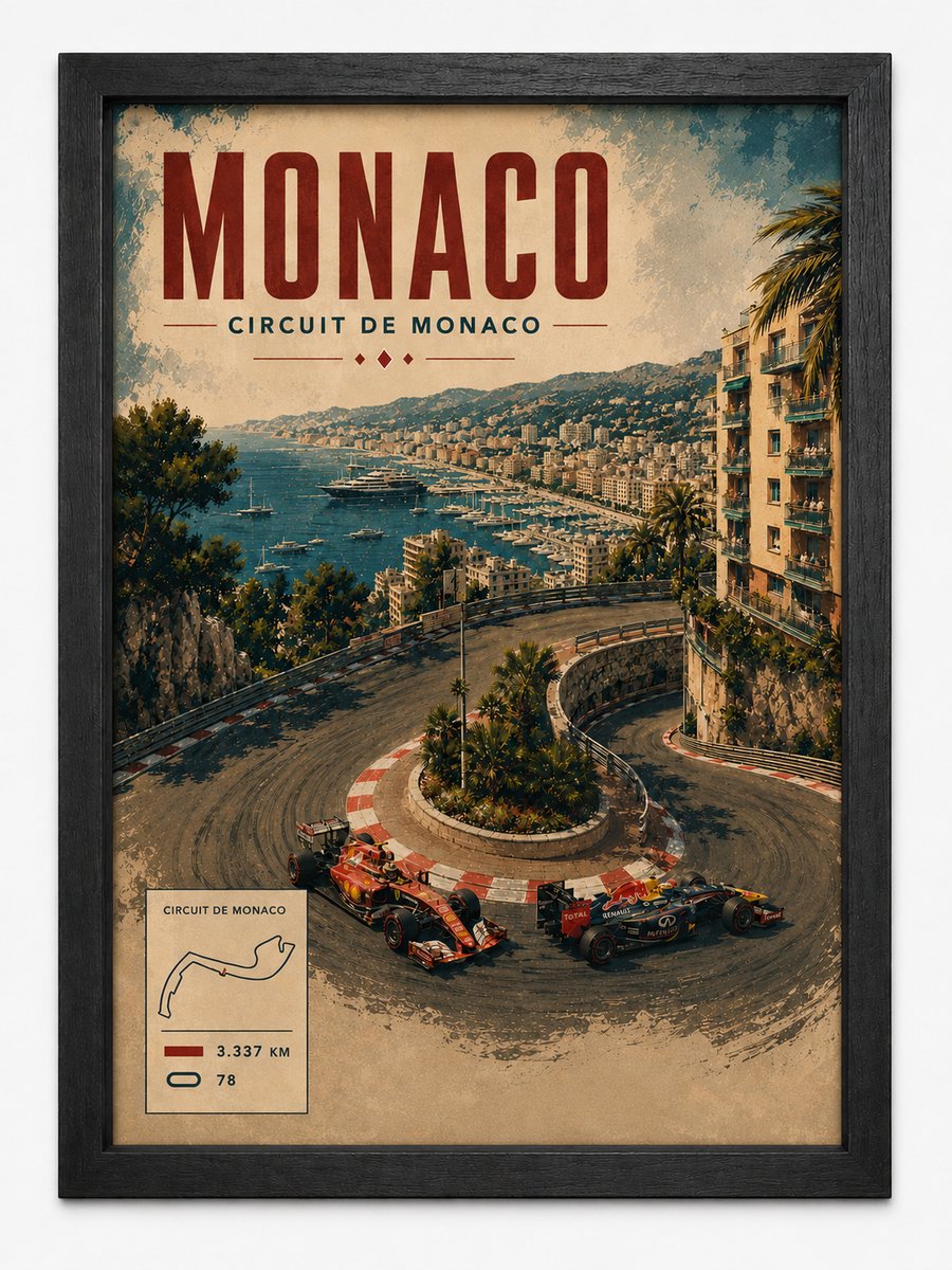 Monaco Circuit Retro Poster | Circuit de Monaco Formule 1 | Inclusief Zwarte A4 Lijst