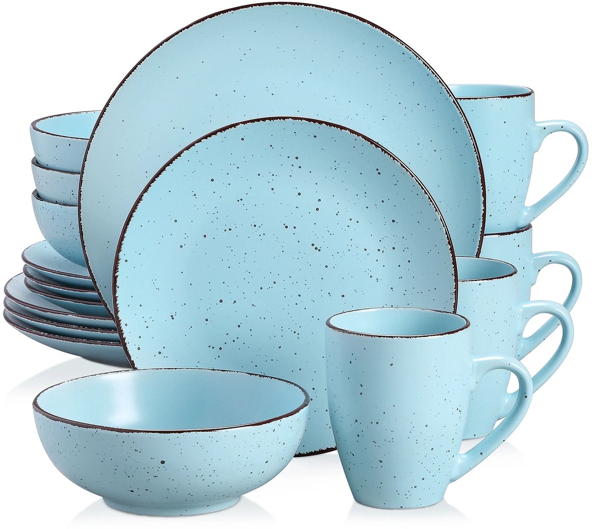 Home & Beyond® 16-delige Serviesset Lichtblauw – Stoneware Servies voor 4 Personen – Inclusief Borden, Kommen & Mokken – Vaatwasser- en Magnetronbestendig