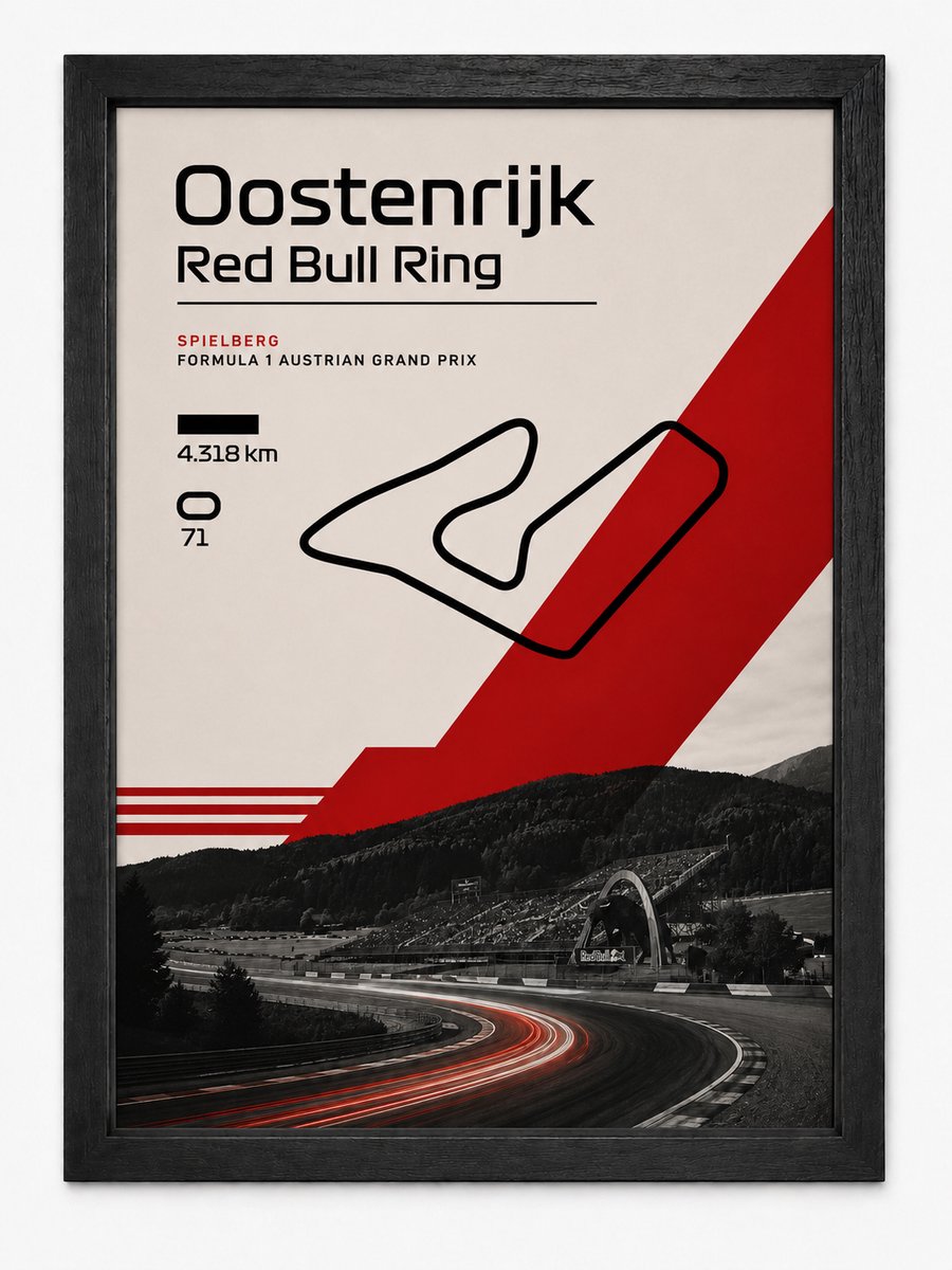 Red Bull Ring Circuit Poster | Oostenrijk Formule 1 Grand Prix | Inclusief Zwarte A4 Lijst