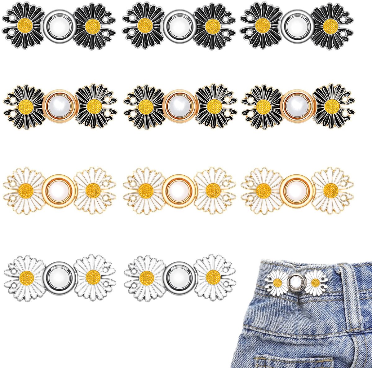 Dailygoods- Madeliefsknopen 12 stuks - Riemgespen - Broekspanner - Taille-inker - Compacte clips - Metaallegering - 4,8 x 1,8 cm - Riemgesp