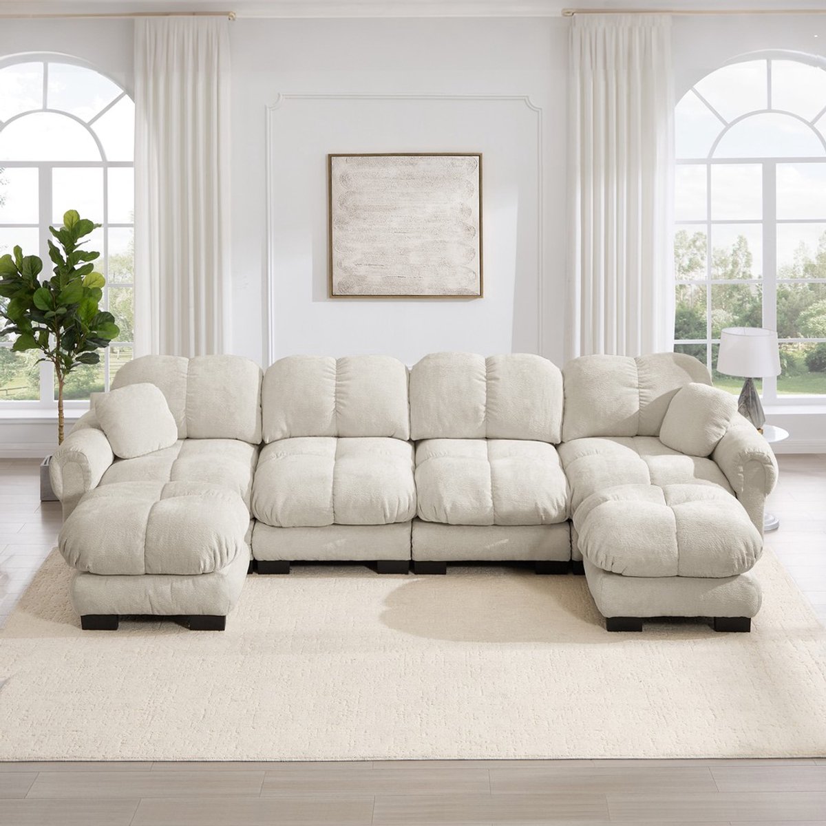 KOMHTOM Hoekbank - U-vormige modulaire bank - Chenille stof - 4-zits met 2 verplaatsbare poefs - Lichtbeige