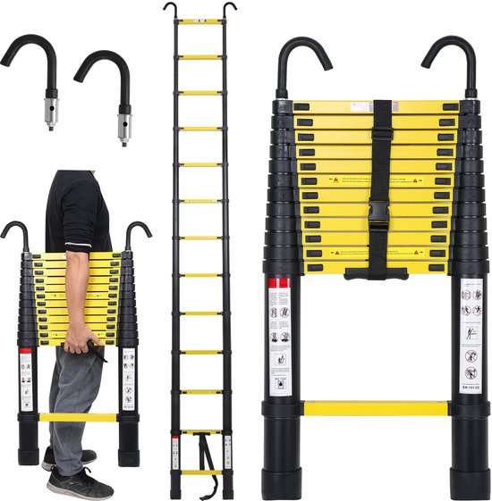Een collage met een man die een gele telescopische ladder draagt, een volledig uitgeschoven ladder, de ladder ingeklapt en twee aparte haken.