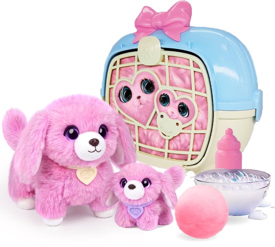 Roze Scruff a Luvs honden, draagmand, melkfles, kom met zeepbellen en bal.
