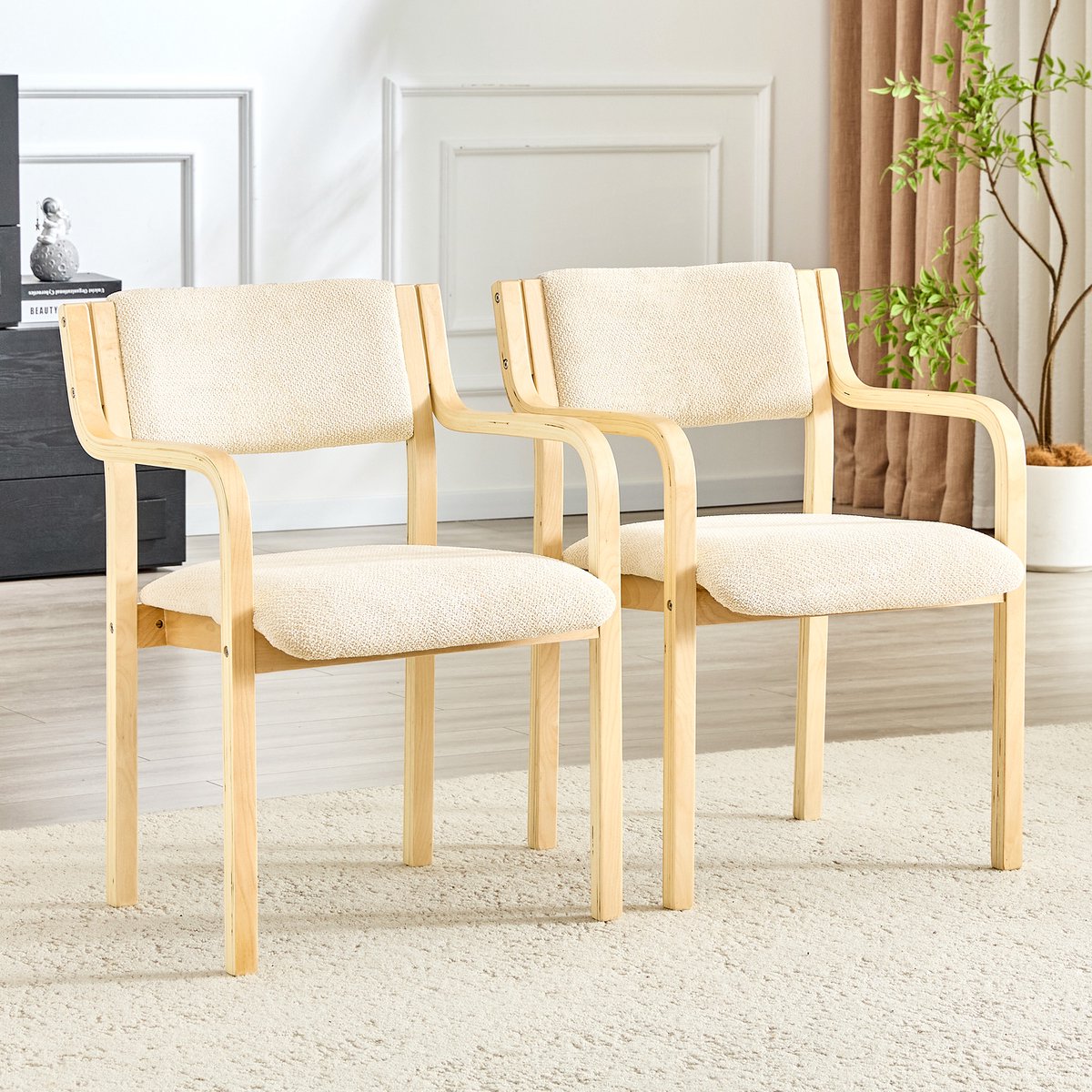 KOMHTOM - Set van 2 eetkamerstoelen - Armleuningen - Gebogen hout - Teddystof - Scandinavische stijl - Ideaal voor de keuken en woonkamer