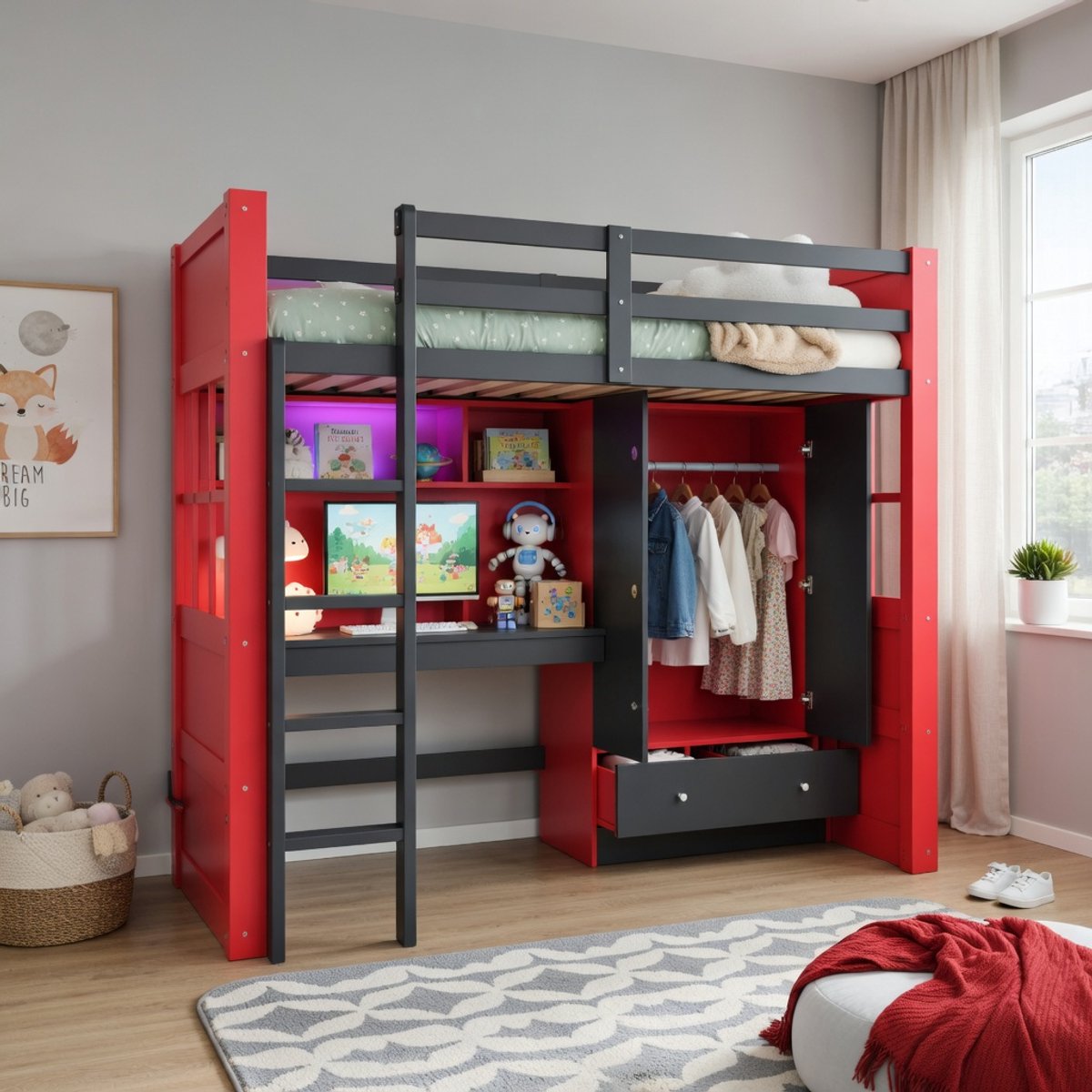 Gutent-Hoogslaper 90x200 cm met bureau en kledingkast - gaming-stijl - rood-zwart - houten hoogslaper