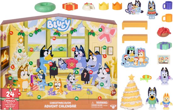 Bluey Kerst zwem adventskalender, open met 24 vakjes, met de Bluey familie en diverse accessoires zoals een kerstboom, cadeaus en speelgoed.