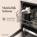 Zwarte RVS melkopschuimkan in een vaatwasser, naast glazen en mokken. Tekst: "Makkelijk Schoon".