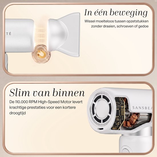 Sansbeauté® Föhn met Diffuser - EssentiaPRO Mini - Reisföhn met Opzetstukken - Reishaardroger - 110.000RPM - Sèche Cheveux - Ionische Haardroger met Borstel - Haarföhn met Defuser - Blow Dryer - Kappersfohn - 1300W - 220-240V