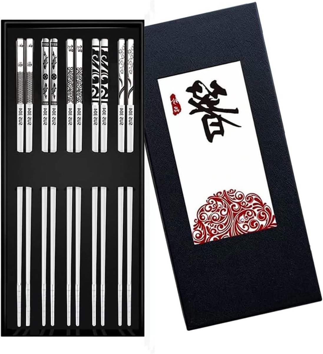 Herbruikbare RVS Chopsticks - 5 Paar Met Delicaat Patroon voor Japanse, Chinese en Koreaanse Gerechten - Vaatwasserbestendig Keukenaccessoire