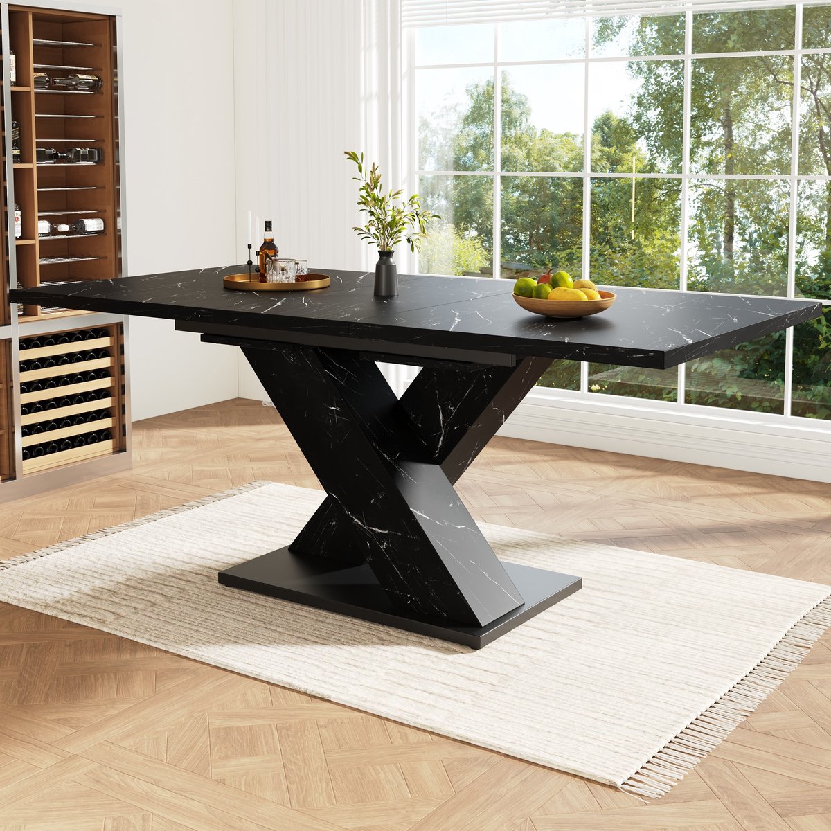 DESMIU Eettafel - Uitschuifbaar Met Modern X Onderstel - Voor Keuken En Eetkamer - MDF Met Zwarte Marmerlook - 119 Tot 159 Cm