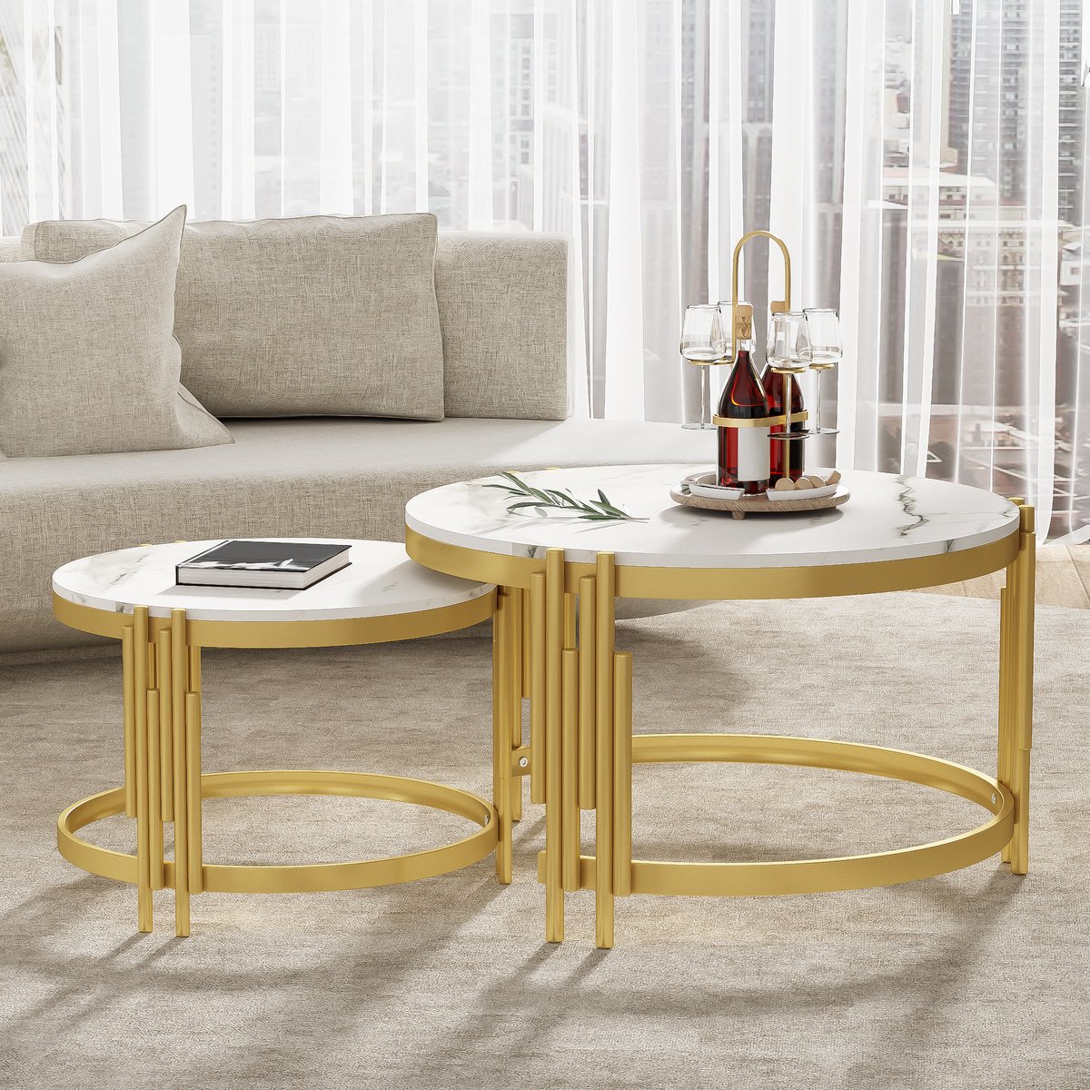 DESMIU Ronde Salontafel Set - Nestbaar Design Met Marmerlook En Gouden Metalen Frame - Voor Woonkamer En Werkkamer - MDF En Metaal - Antique Brass En Wit - 71,5x71,5x44 Cm En 51,5x51,5x37 Cm Wit & Goud