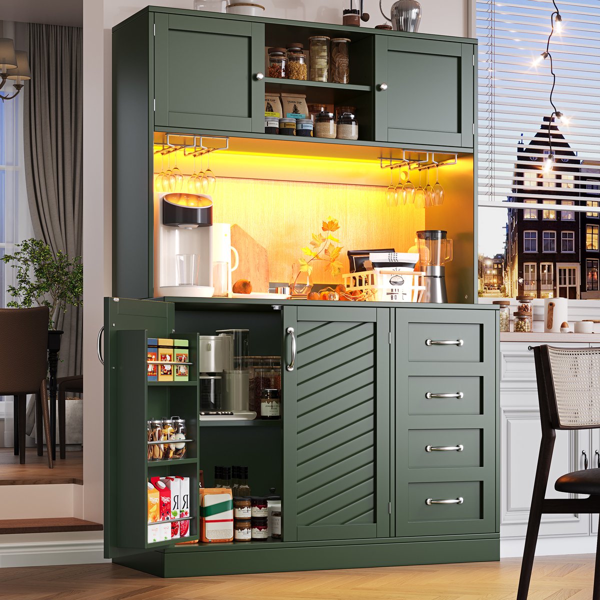DESMIU Buffetkast - Met Ledverlichting En Grote Opbergruimte - 4 Deuren En 2 Lades Voor Keuken En Woonkamer - MDF - 120x40x188 Cm - Groen